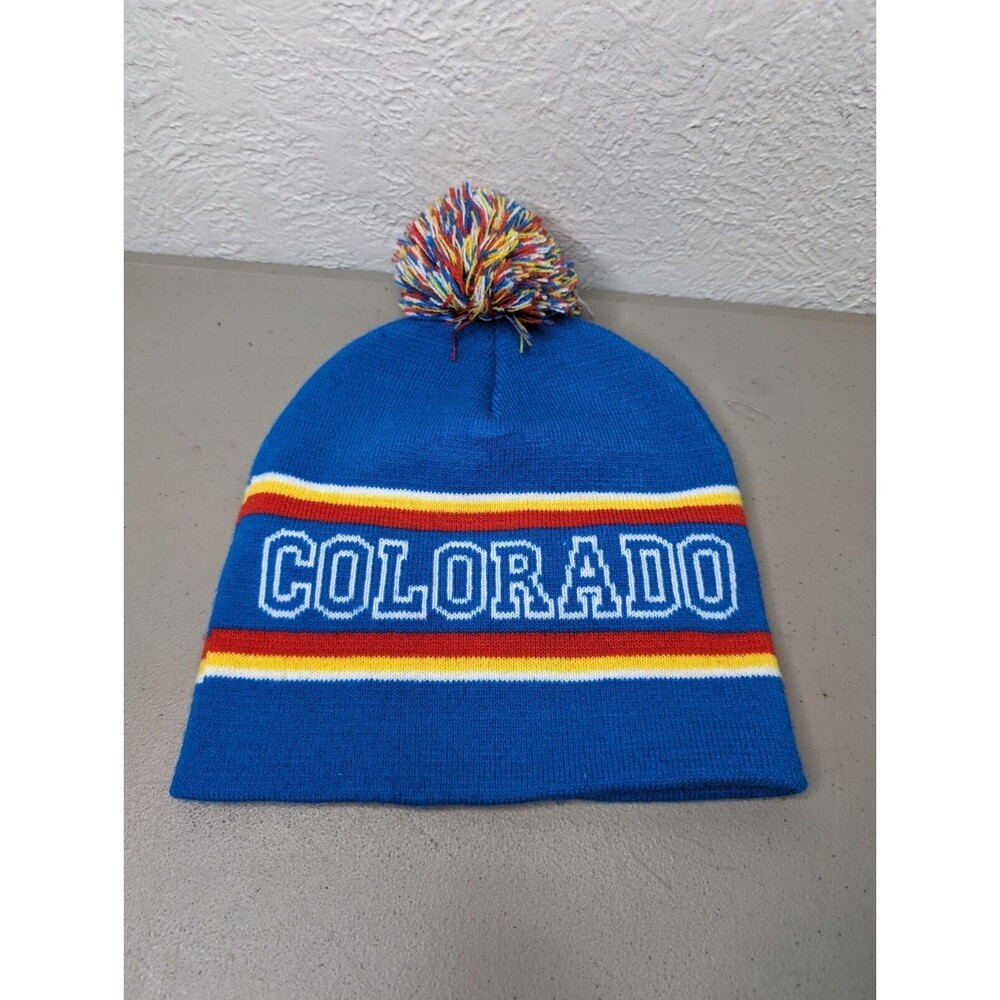 COLORADO Beanie, Knit Hat,‎ Multicolor Puff, Blue, Red/White/Yellow Stripes